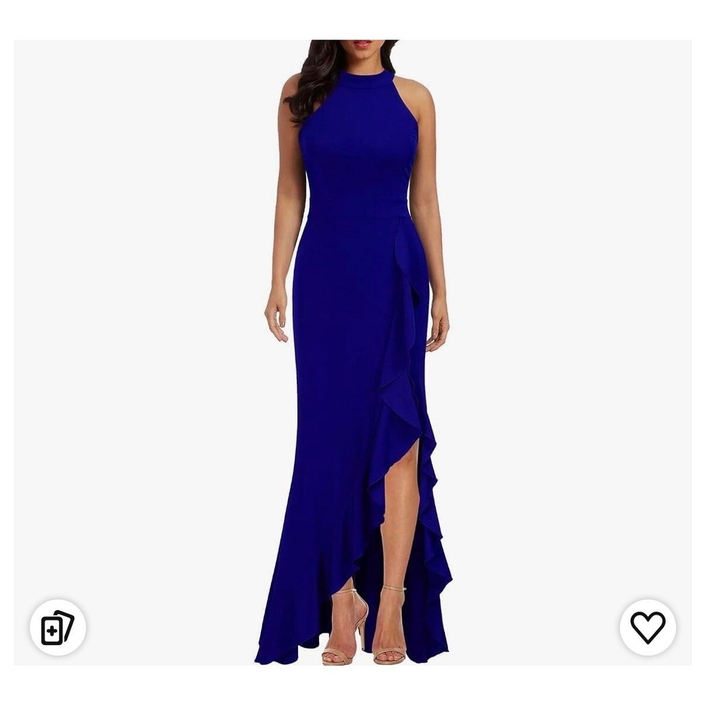 WOOSEA Royal Blue High Neck Ruffle Split Bodycon Mermaid Evening Dress size S
